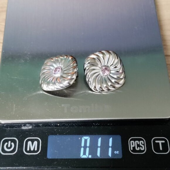 Sterling Silver Square Swirl Earrings With Pinkish Stone Centers - Picture 4 of 6